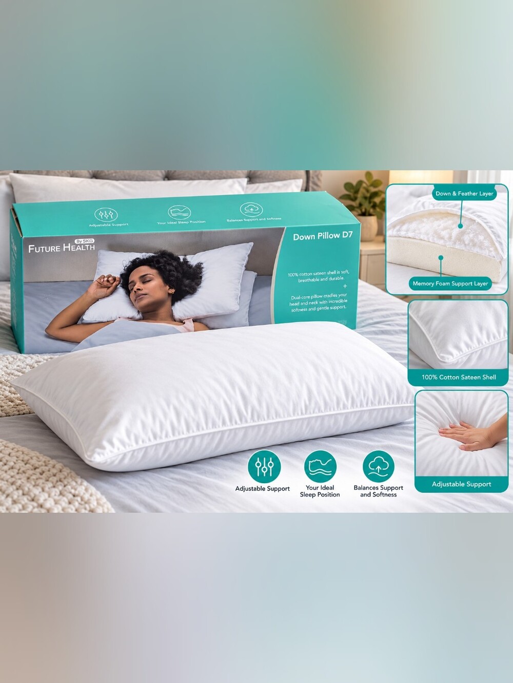 SKG Future Health D7 Down Feather Memory Foam Pillow Adjustable Support